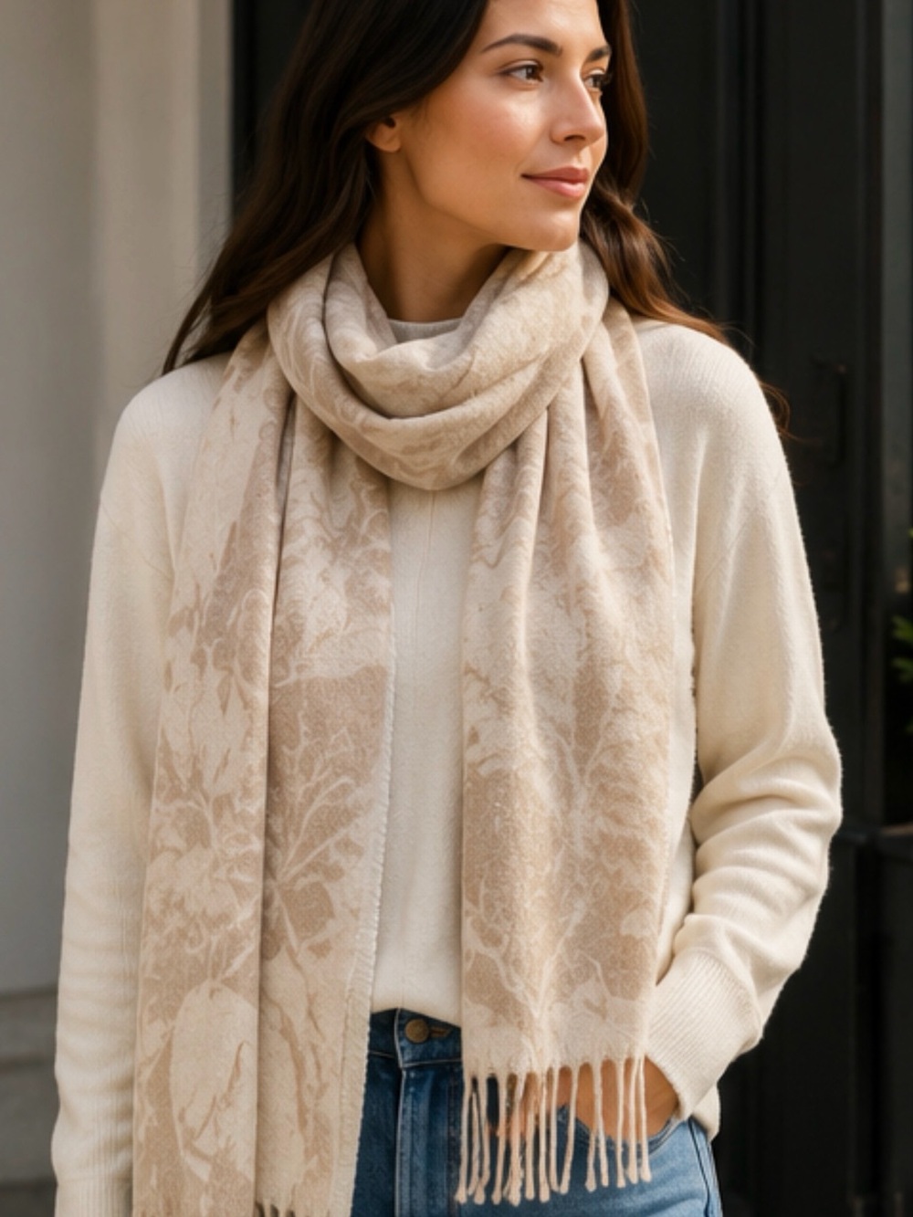 Bloomingdale’s 100% Cashmere Floral Jacquard Fringe Scarf Beige 66” x 13” - Picture 2 of 12